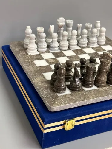Miniatura 2 de Juego de ajedrez de mármol hecho a mano de 15 pulgadas con caja de regalo de terciopelo azul, tablero de ajedrez de piedra y piezas talladas