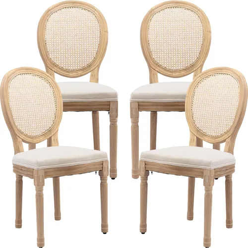 Miniatura 22 de Juego de 2 sillas de comedor de campo francés, sillas de comedor de madera de granja beige, silla de comedor con respaldo tejido con cojín tapizado