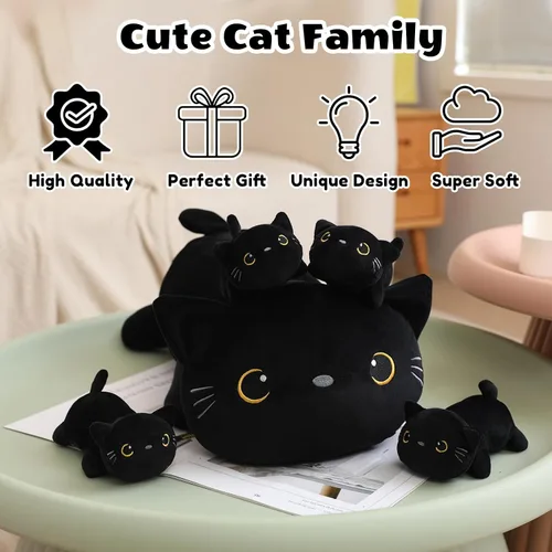 Miniatura 7 de SQEQE Peluche de gato negro con 4 bebés, gato en la barriga, lindo gato negro de peluche para niños, regalos ideales para Navidad, San Valentín