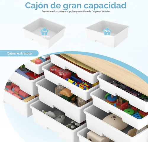 Miniatura 5 de Armario de almacenamiento de 12 cajones con parte superior de madera y contenedores de plástico, estante de juguetes, organizador de cubos