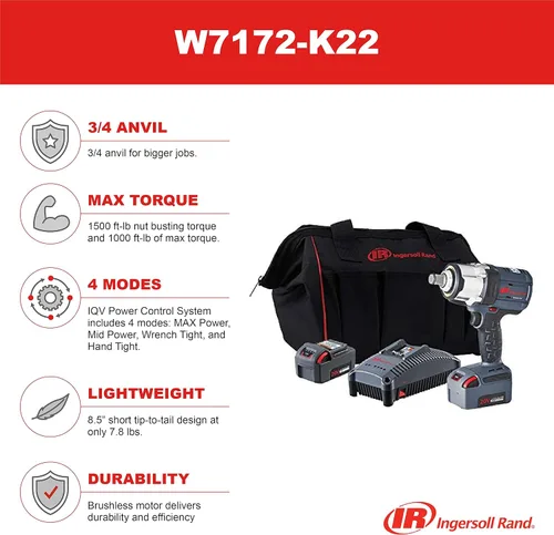 Miniatura 2 de Ingersoll Rand W7172-K22 - Llave de impacto de 3/4 pulgadas y kit de 2 baterías, 4 modos de potencia, motor sin escobillas, par de arranque