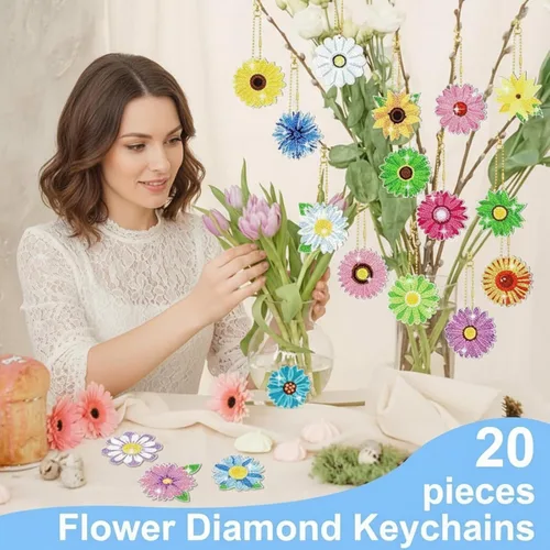 Miniatura 5 de FairySandy Juego de 20 llaveros de flores con pintura de diamantes de primavera para adultos, diseño de girasol, diamantes de imitación 5D, adorno