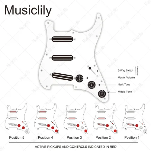 Miniatura 4 de Musiclily Golpeador ST-SSS básico precableado con mini riel de cerámica Humbucker para guitarra eléctrica Strat Style, 3 capas blanco envejecido