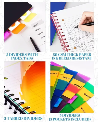 Miniatura 4 de Cuaderno de 5 materias – Cuaderno de espiral, cuaderno de rayas universitarias con bolsillo divisor, pestañas, regla de 11 pulgadas, 200 páginas