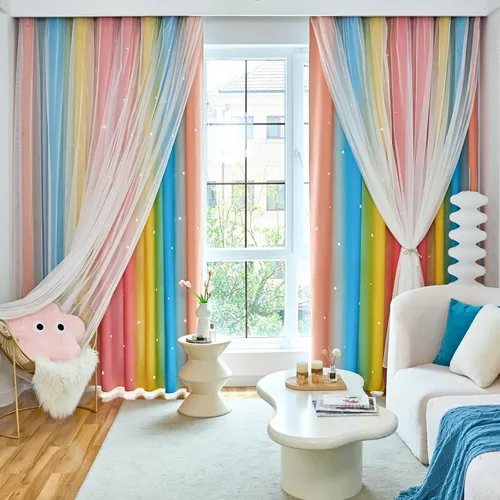 Miniatura 11 de Loyala Cortinas opacas de doble capa con diseño de estrellas para dormitorio de niños, bonitas, 63 pulgadas de largo, juego de 2 paneles, beige, 42