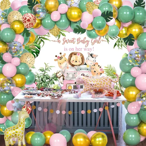 Miniatura 2 de Avezano Telón de fondo rosa para baby shower de safari para niñas, animales de la selva, decoración de baby shower, hojas tropicales, suministros