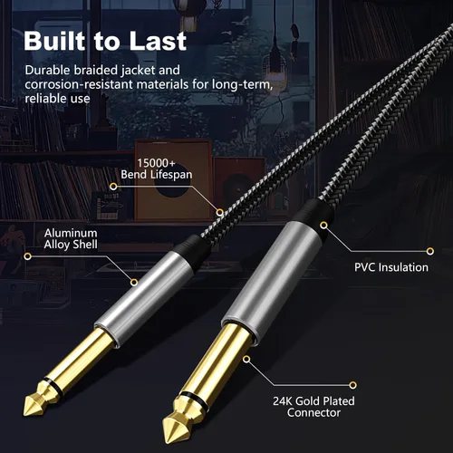 Miniatura 5 de Cable de instrumento de 6,35 mm 3 pies, cable de conector Jack mono 6,35 mm 1/4 pulgadas TS plateado premium desequilibrado, cable de parche