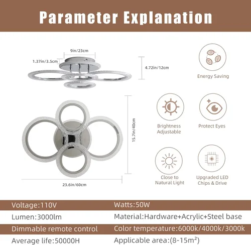 Miniatura 3 de Lámpara de techo moderna de montaje empotrado, regulable, 4 anillos, lámpara de cocina para sala de estar, dormitorio, lavandería, 3000-6000 K