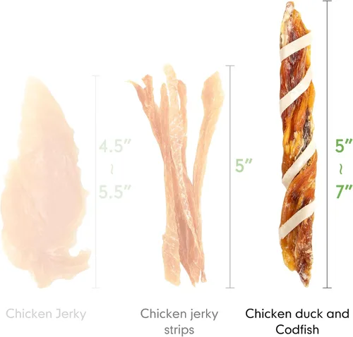 Miniatura 6 de MON2SUN Golosinas para Perros, Palitos Retorcidos de Cecina de Triple Sabor, Palitos Masticables de Pollo, Pato y Bacalao de 5-7 Pulgadas