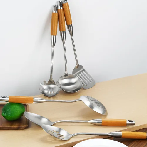 Miniatura 4 de Utensilios de cocina de acero inoxidable 304, cucharas de cocina largas, herramientas de utensilios, tornero, cucharón, cucharas y servidor