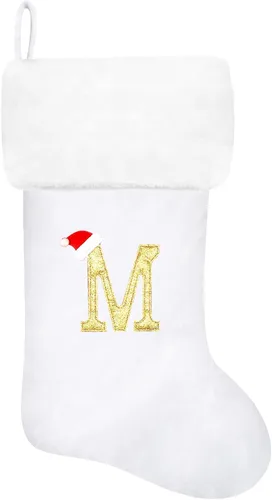 Miniatura 127 de Calcetines de Navidad bordados de 20 pulgadas con monograma, terciopelo negro con puño de felpa blanca supersuave, adornos clásicos para decoración