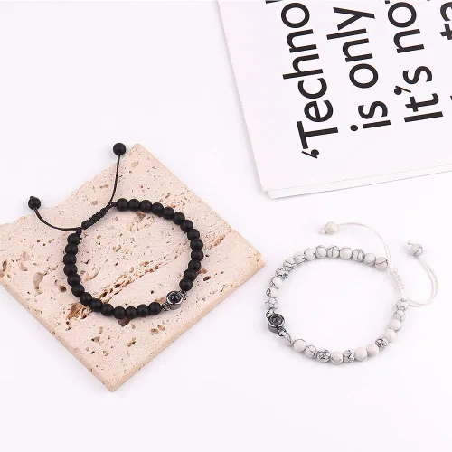 Miniatura 3 de XAOUS I Love You - Pulseras para parejas con proyección en 100 idiomas, cristal curativo, ágata negra, turquesa blanca, pulseras a juego para novio