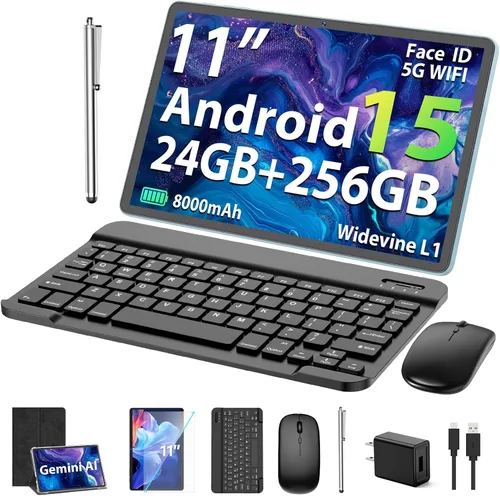 Suicoey Tablet Android 15 de 11 pulgadas 2026 con teclado, 24 GB+256 GB, expansión de 2 TB, 8000 mAh, 5 MP+13 MP, WiFi 5G, IA Gemini, pantalla