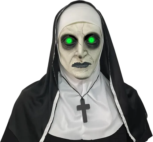 Miniatura 10 de Máscara de terror de monja 2024, máscara de disfraz de cabeza completa con collar de cruz para fiesta de Halloween