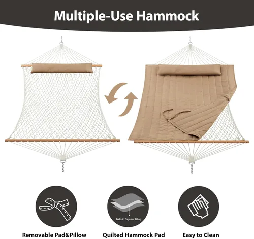 Miniatura 3 de CHULIM - Hamaca doble para exteriores con barras separadoras de madera dura, hamaca grande de cuerda con almohada de poliéster y cojín, capacidad