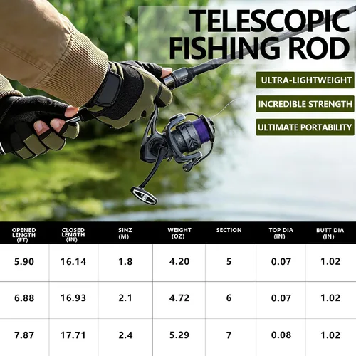 Miniatura 2 de Telescopic Fishing Rod and Reel Combo - IM6 Carbon Fiber Collapsible Rod with Spinning Reel -CNC Spool, Waterproof - All-in-One Starter Kit with