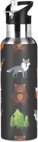 Animals Foxes Forest Black Insulated Stainless Steel Water Bottle with Straw 20 Oz, BPA-Free Sport Water Bottle Leakproof Water Bottles