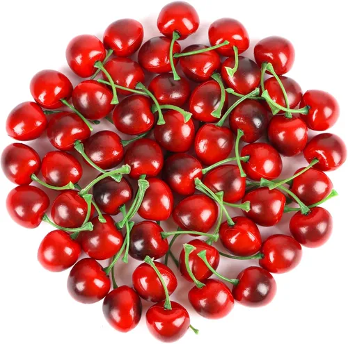 FOIMAS 50 piezas de cerezas artificiales de frutas, decoración realista de simulación de cereza falsa para decoración del hogar, accesorios de