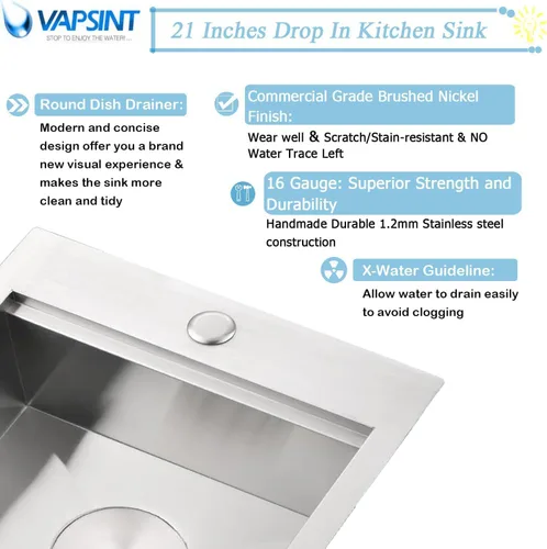 Miniatura 7 de VAPSINT Fregadero de cocina de 21 x 20 pulgadas, fregadero de cocina y bar de 21 pulgadas de montaje superior de acero inoxidable de calibre 16