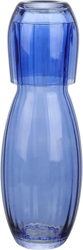 American Atelier Jarra de agua de noche de 40 onzas con vaso – Jarra de noche de vidrio acanalado de 2 piezas con tapa para mesita de noche, Azul