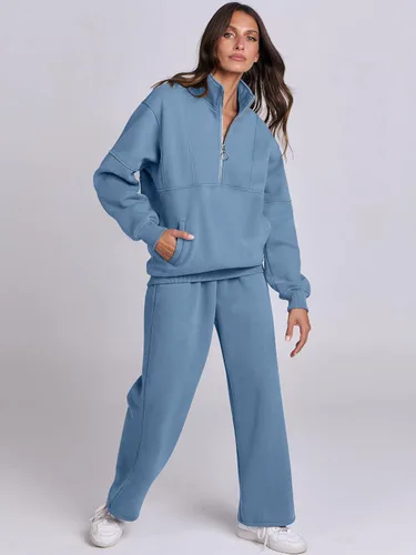 Miniatura 3 de ANRABESS Conjunto de 2 piezas para mujer, sudadera de gran tamaño con media cremallera a juego, pantalón de pierna ancha, conjunto de ropa
