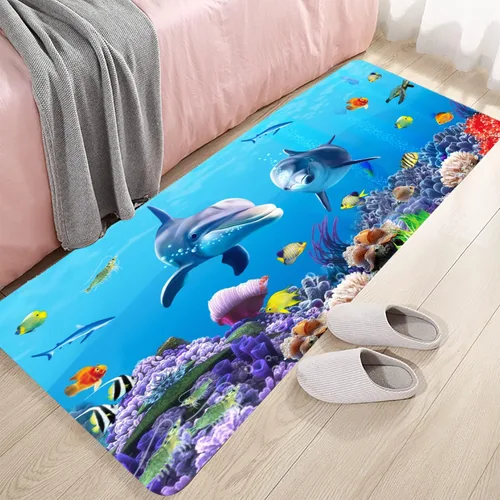 Miniatura 22 de LYFANS Alfombras absorbentes y antideslizantes para uso en cocina y baño, alfombrillas modernas de arte azul con delfín en 3D (61x41 cm)