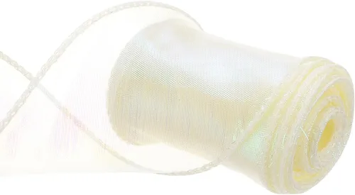 Miniatura 8 de MECCANIXITY - Cinta de organza con cable de 1 1/2" de ancho, brillante, transparente, con brillo irisado en tonos pastel, cinta de gasa para Beige