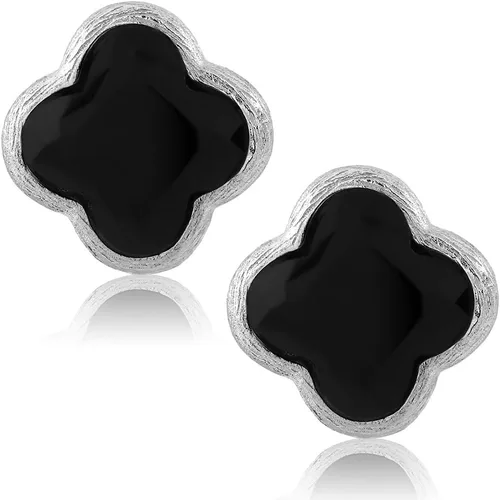 Miniatura 2 de 18K Gold Plated Sterling Silver Flower Shape Clover Designs Black Onyx Diamond Cut Stud Earrings For Women