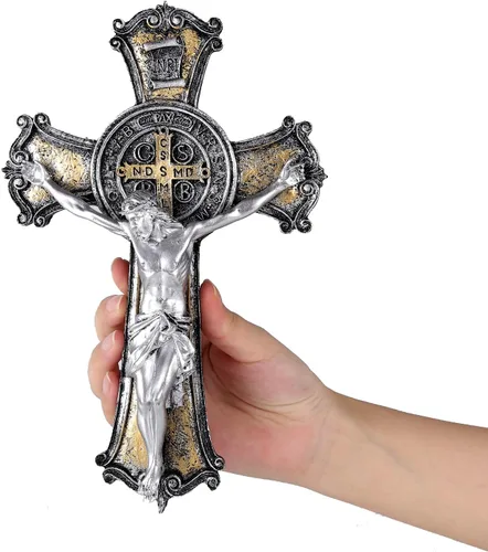 Taprion Crucifijo de pared - Arte de pared de resina de San Benito - Cruz dorada de 10 pulgadas da bendición y lo sagrado espiritual: regalo de fe