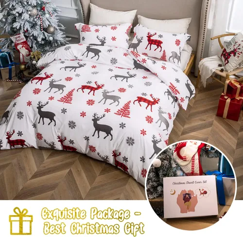 Miniatura 7 de MILDLY - Juego de funda de edredón de Navidad, tamaño King, microfibra suave, diseño de reno, copo de nieve, para regalos de Navidad