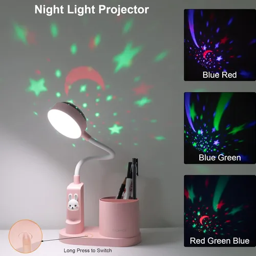 Miniatura 2 de Lámpara LED de escritorio para niños, pequeña y bonita luz de mesa con soporte para bolígrafo, lámpara de cuello de cisne rosa, proyector