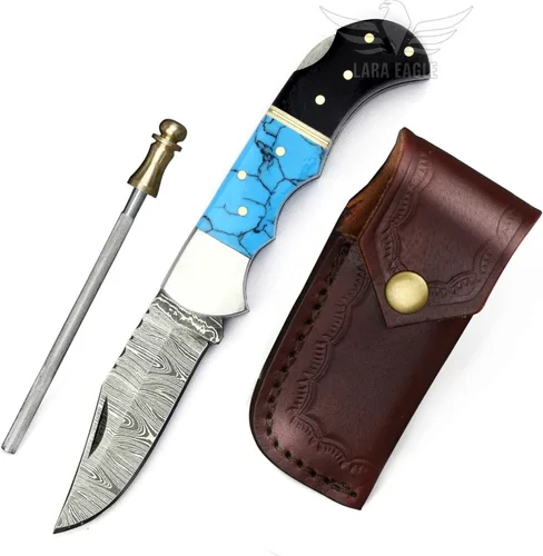 Miniatura 8 de Cuchillo de bolsillo de damasco Lara Eagle para hombres - Cuchillos de caza plegables hechos a mano de 133 capas de acero sólido con afilador