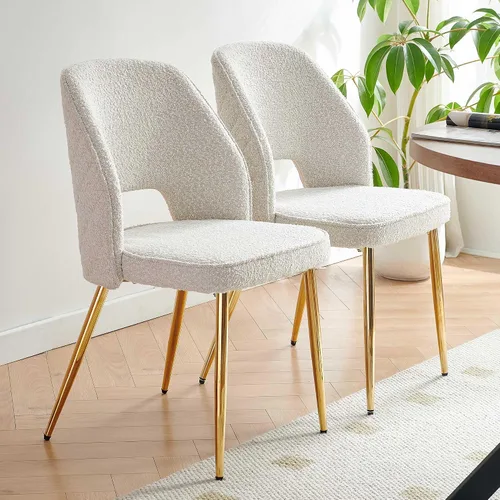 Miniatura 2 de NORDICANA Juego de 2 sillas de comedor modernas, sillas acentuadas tapizadas en beige bouclé con patas doradas de metal, sillas laterales