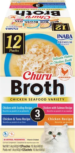 INABA Churu Caldo para gatos, bolsa de guarnición, 1.4 onzas por bolsa, 12 bolsas, variedad de pollo y mariscos