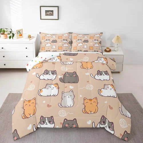 Miniatura 23 de Erosebridal Lindo juego de edredón de gato, tamaño individual, kawaii, fresa, juego de ropa de cama para niñas, diseño de arco iris, edredón rosa