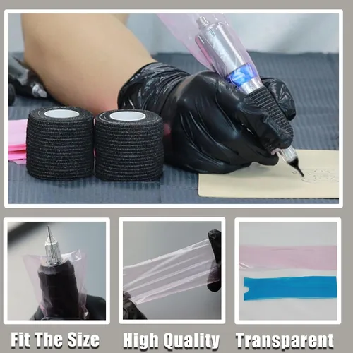 Miniatura 5 de Fundas grandes para máquina con cinta de agarre, 200 fundas para bolígrafos de máquina grandes, color rosa, fundas de agarre y 3 vendajes elásticos