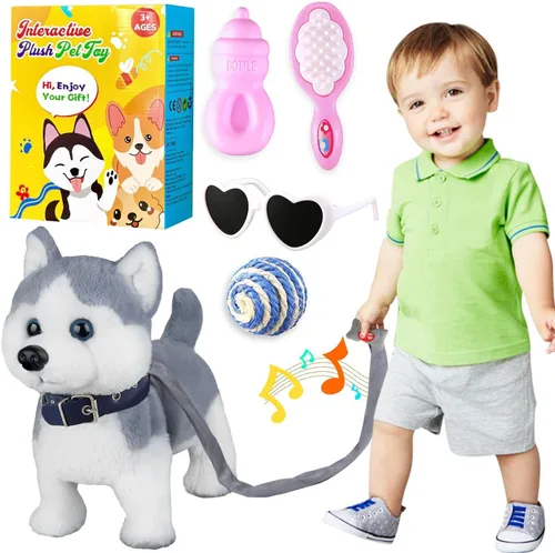 Marsjoy Husky - Juguete de perro que camina para niñas, cachorro que ladra con correa de control, robot realista que mueve la cola, robot