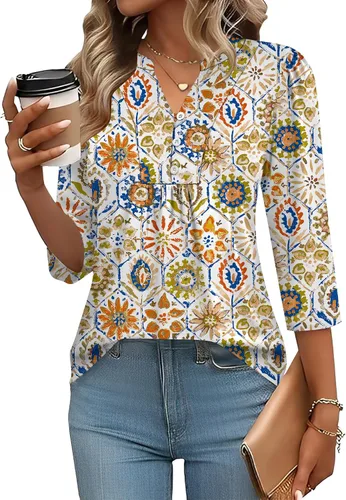Miniatura 36 de IECCP Blusas de verano de manga 3/4 para mujer, estilo casual, cuello Henley, cuello en V, plisadas, ajuste holgado, blusas de trabajo
