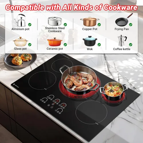 Miniatura 8 de AMZCHEF - Estufa eléctrica de 30 pulgadas, 5 quemadores integrados, estufa eléctrica de superficie de vidrio cerámico de hasta 9000W con control