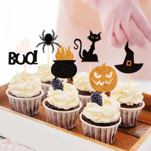 Miniatura 5 de Ercadio Paquete de 36 adornos para cupcakes de Halloween, sombrero de bruja, araña, calabaza, fantasma, gato, cupcakes, baby shower, cumpleaños