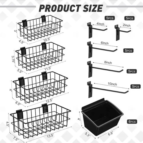 Miniatura 2 de Barydat El juego de 35 accesorios de Slatwall incluye 4 cestas de Slatwall, 6 contenedores de almacenamiento y 25 ganchos montados para colgar Negro