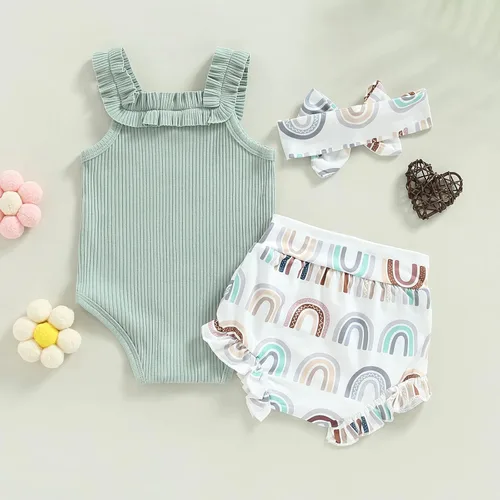 Miniatura 110 de TheFound Trajes de verano para niñas pequeñas, sin mangas, de punto acanalado, halter, pantalones cortos, ropa para recién nacidos, conjunto de 3