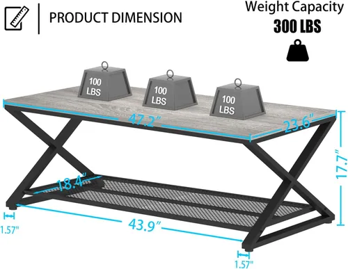 Miniatura 2 de LVB Mesa de Centro Gris, Mesa Central de Madera y Metal Estilo Granja con Almacenamiento para Sala de Estar, Mesa de Cóctel y Té Rectangular