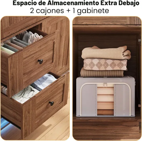 Miniatura 6 de LIKIMIO Armario de granja con puertas, armario de dormitorio de 70 pulgadas con luces LED y barra para colgar, armario grande de madera con 2 Nogal