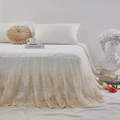 Brandream Falda de cama de encaje, tamaño individual, color blanco crema, caída de 18 pulgadas, romántica con volantes y esquinas divididas,