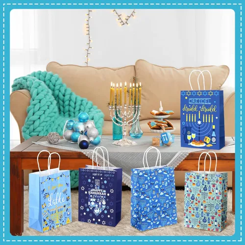 Miniatura 3 de Outus 24 Piezas Bolsas de Favor de Fiesta de Hanukkah Bolsas de Papel de Regalo y Golosinas de Chanukah con Asas Estrella Azul de David Dreidel