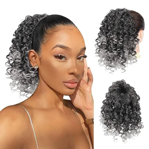 Miniatura 8 de PEACOCO Extensión de cola de caballo rizada con cordón para mujeres negras - Cola de caballo de 6 pulgadas con clip, postizo sintético de afro corto