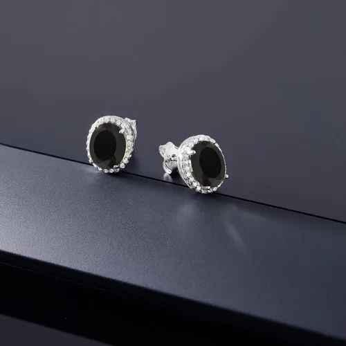 Miniatura 6 de Gem Stone King Aretes de plata de ley 925 con halo de ónix negro para mujer