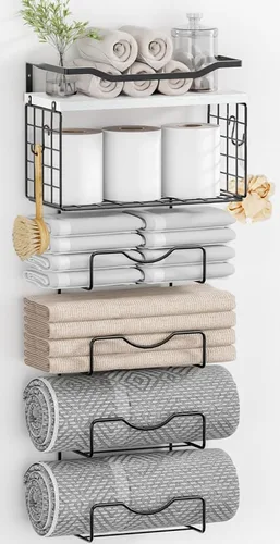Miniatura 11 de Toalleros para baño, toallero montado en la pared, soporte para toallas de 6 niveles enrolladas o dobladas con estantes flotantes, portotoallas
