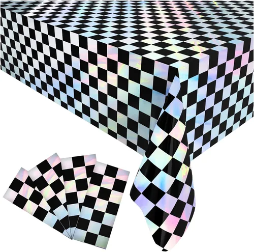 4 Pack Gingham Plastic Tablecloths Disposable Table Cover Sparkly Foil Table Cloth for Rectangle Tables Party Decorations Birthday Princess Bridal